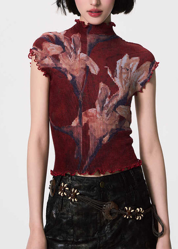 Red Turtleneck Ruffled Print T Shirt Short Sleeve