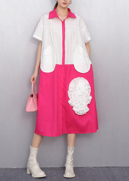 White Pocket Cascading Ruffle Rose Shirt Dress Summer