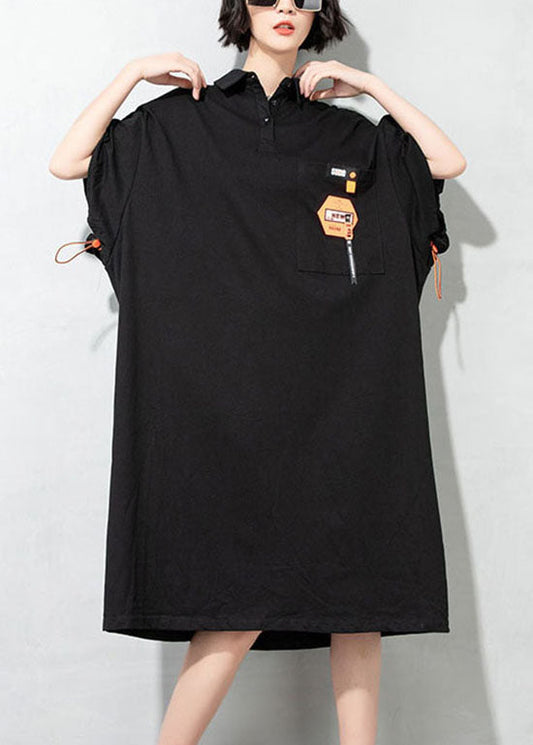 Simple Black Drawstring Pockets Peter Pan Collar Dresses Half Sleeve