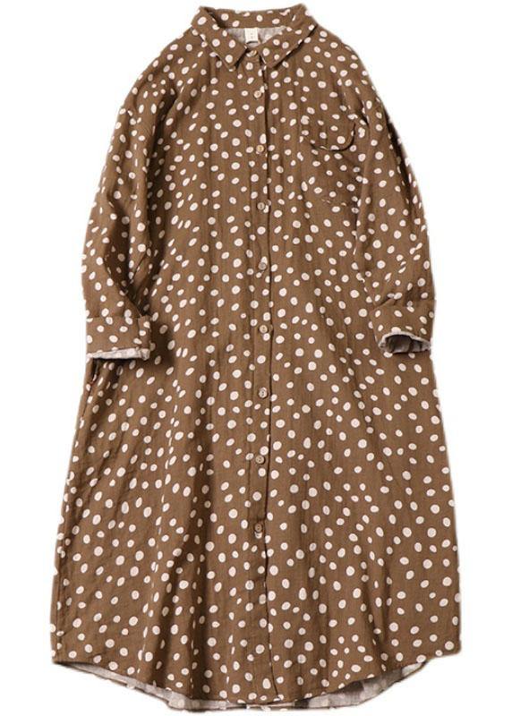 Brown Patchwork Pockets Button Fall Print Dress Long Sleeve