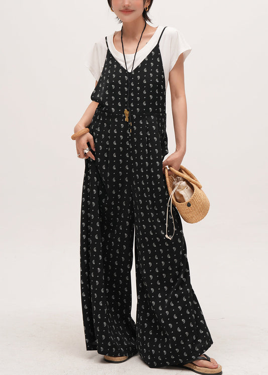 Black Oversized Print Cotton Overalls Jumpsuit Summer