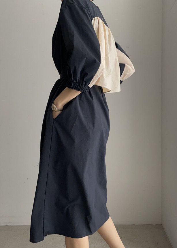 Navy O-neck Tie Waist Cotton Mid Dress Half Sleeve Long Dress