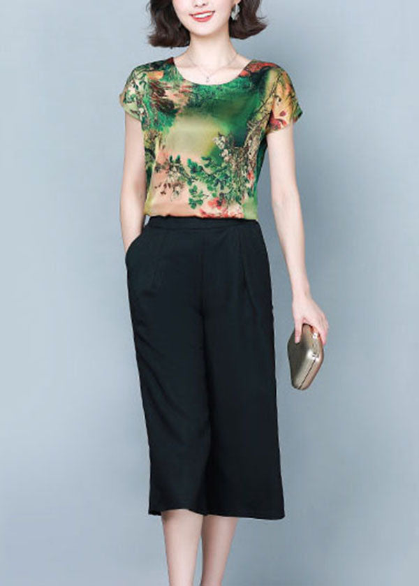 Classy Green O-neck Print Tops and Pants Two Piece Suit Set Summer