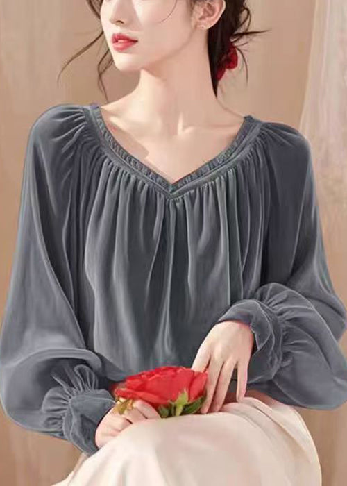 Simple Coffee V Neck Wrinkled Silk Velour Shirt Spring