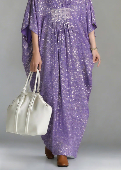 Purple Sequins Tunic Holiday Long Dress Batwing Sleeve