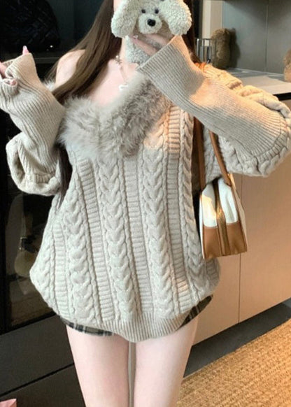 Khaki V Neck Fluffy Patchwork Cable Knit Sweaters Winter