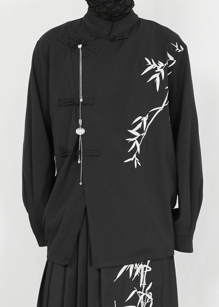 Chinese Style Black Stand Collar Embroideried Patchwork Cotton Shirt Fall
