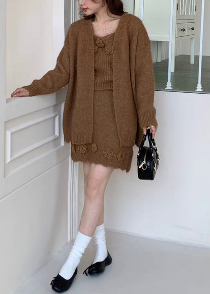 Classy Brown Decorated Knit Three Piece Set Clothing Fall