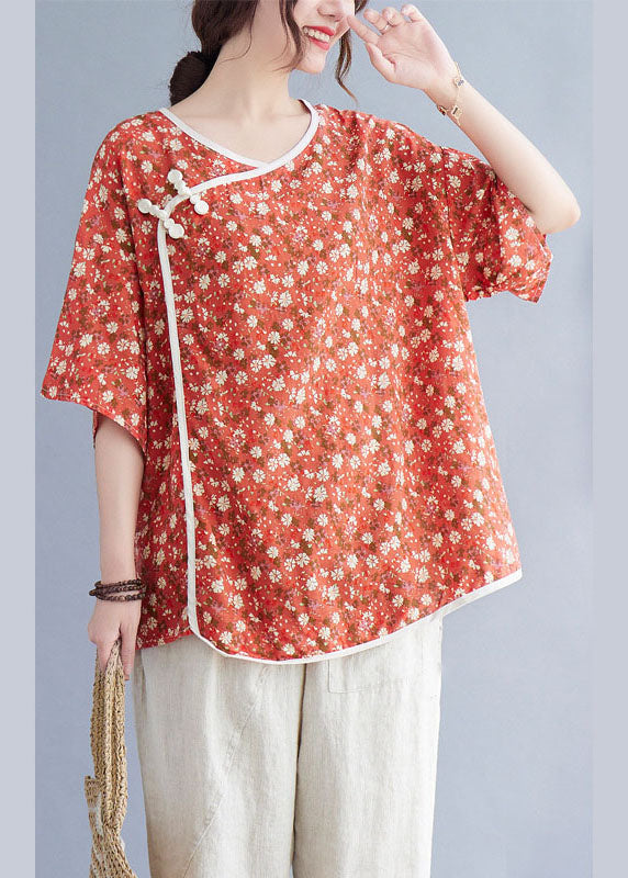 Stylish Orange Retro Print Loose Fall Shirt Half Sleeve Top