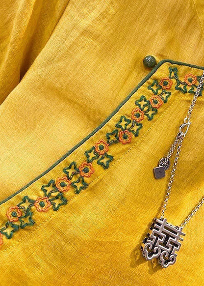 Chinese Style Yellow O-neck Embroideried Linen Tops Short Sleeve