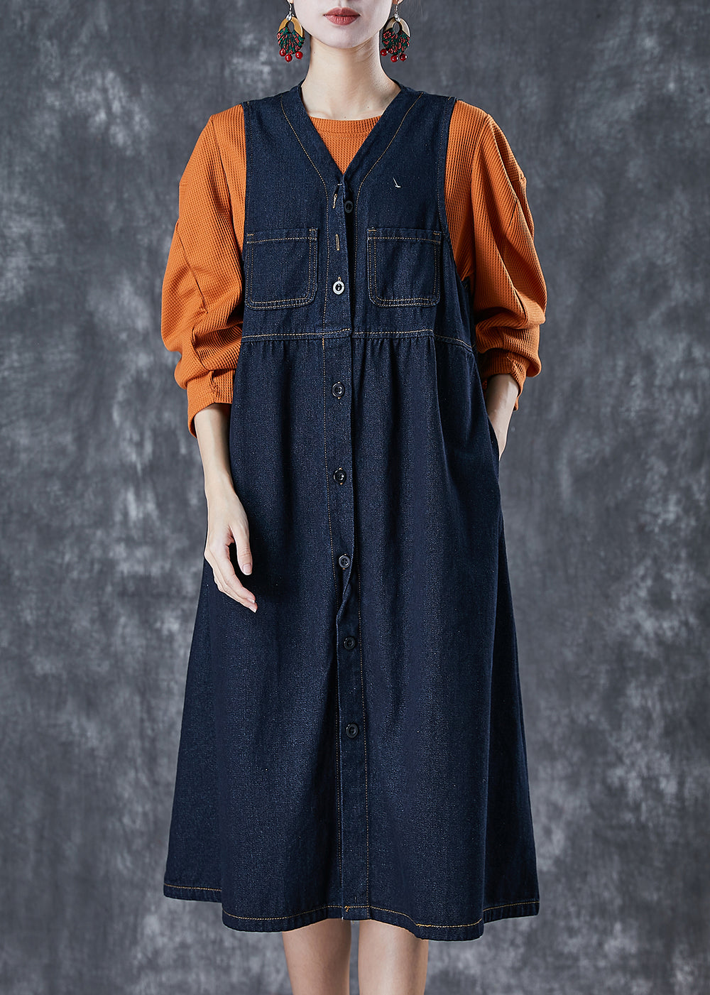 Navy Denim Dress and Shirt 2 Piece Outfit Spring