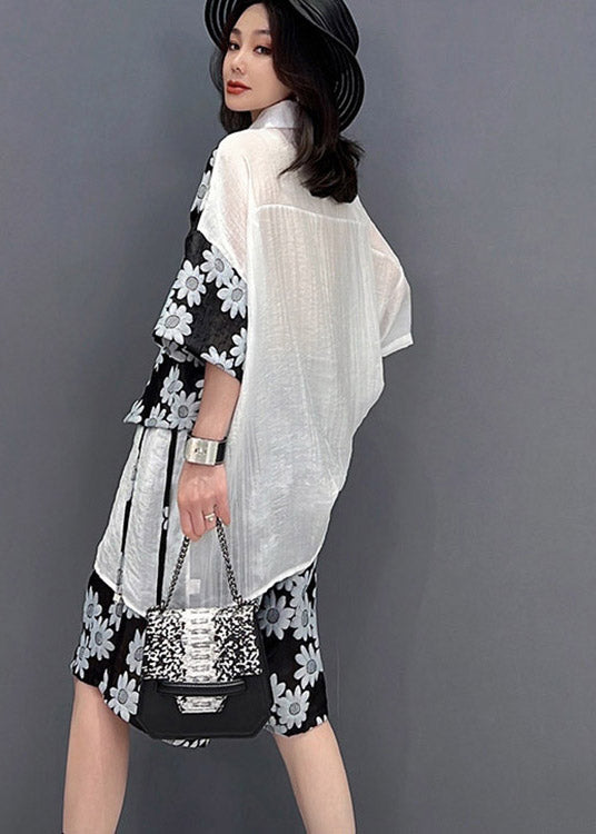 Loose White Patchwork Black Peter Pan Collar Print Shirts and Shorts Two Pieces Set Summer