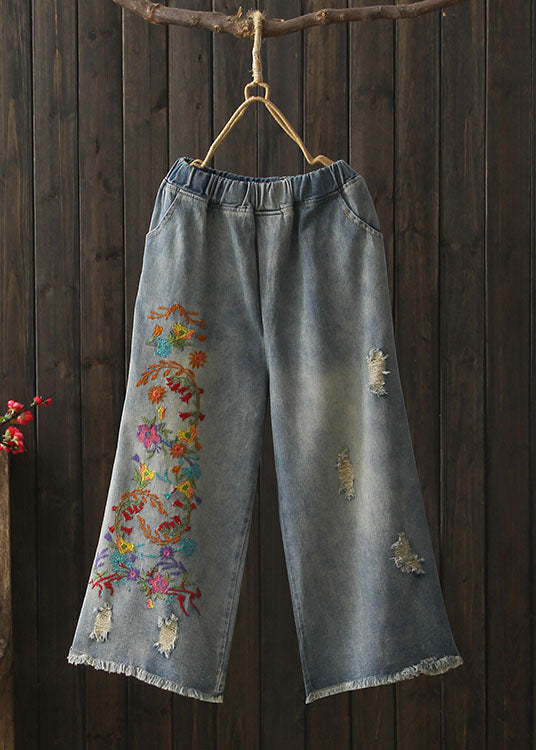 Denim Blue Elastic Waist Embroideried Cotton Wide Leg Pants Summer