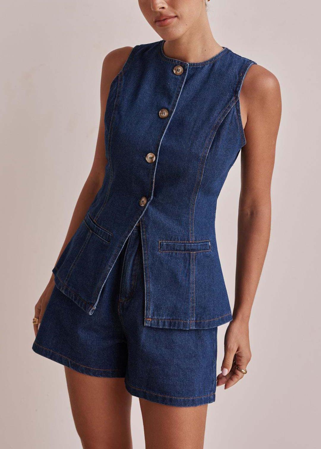 Navy Silm Fit Denim Two Piece Set Clothing Side Open Sleeveless