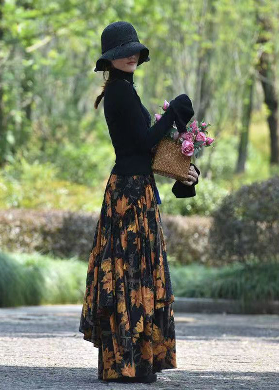 Print Elastic Waist Asymmetrical Cotton Skirts Spring