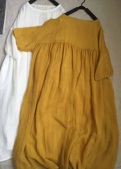 Yellow O-neck Patchwork Wrinkled Long Dresses Short Sleeve Summer