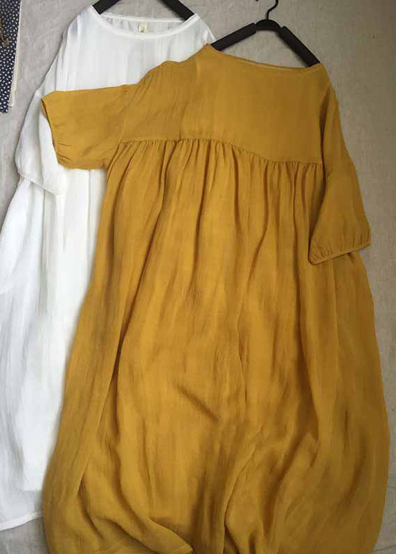 Yellow O-neck Patchwork Wrinkled Long Dresses Short Sleeve Summer