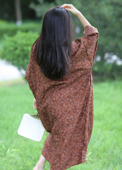 Italian Brown O-neck Oversized Patchwork Print Linen Vacation Dresses Spring