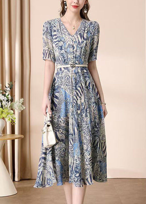 V Neck Print Wrinkled Chiffon Dress Summer