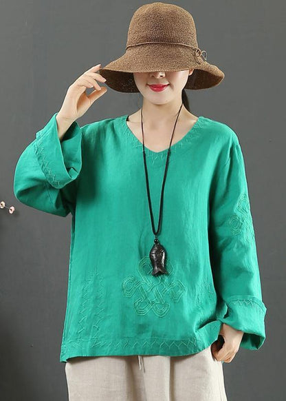V Neck Embroidery Spring Tops Neckline Green Shirt