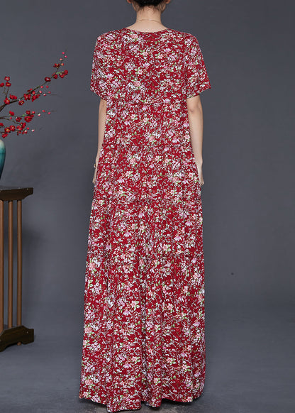 Red Ruffled Print Exra Large Hem Cotton Holiday Dress Summer