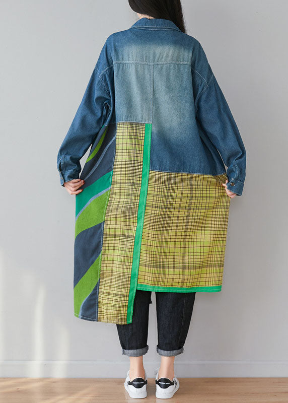 Blue Asymmetrical Patchwork Print Cotton Denim Trench Coats Spring
