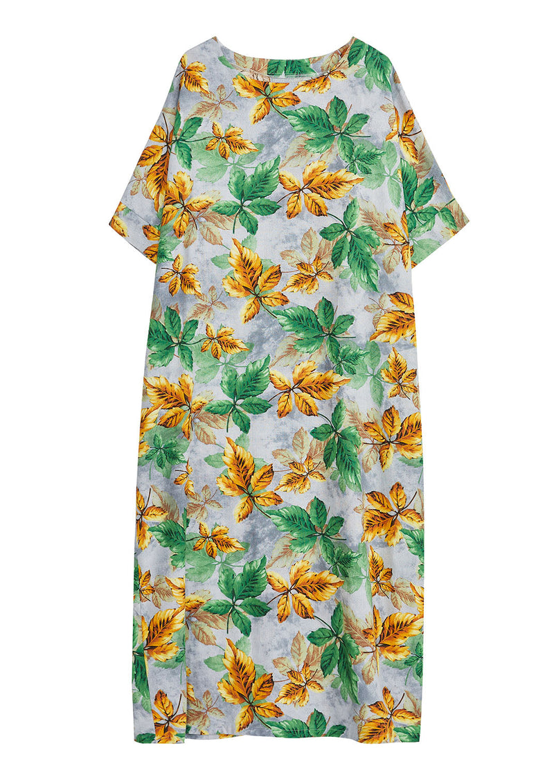 Yellow Green O-neck Leaf Print Cotton Long Dress Short Sleeve