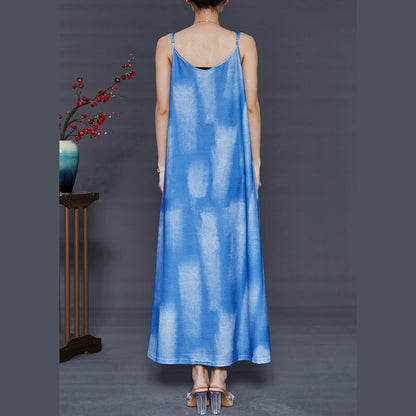 French Blue Tie Dye Cotton Spaghetti Strap Dress Summer