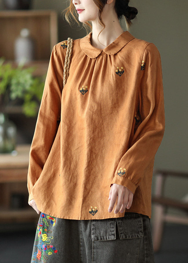 Orange Peter Pan Collar Embroideried Linen Shirt Long Sleeve
