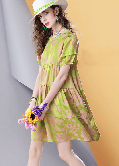 Green O Neck Wrinkled Patchwork Print Silk Dress Summer