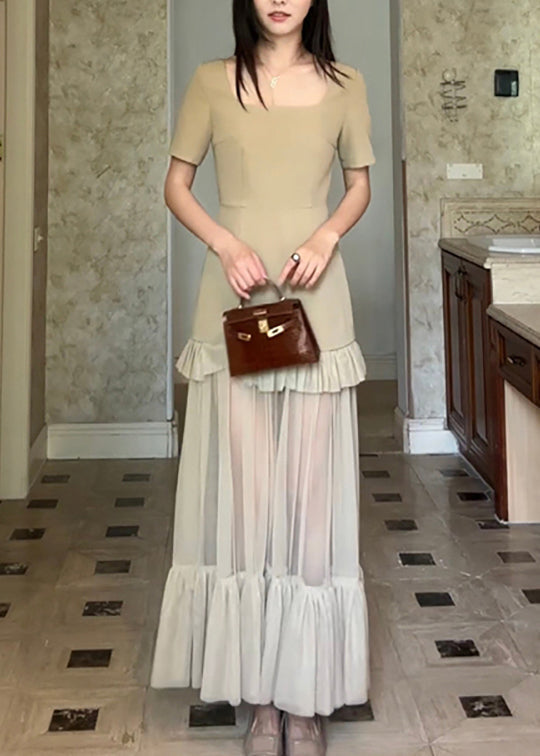 Khaki Square Collar Ruffled Patchwork Cotton Long Dresses Summer