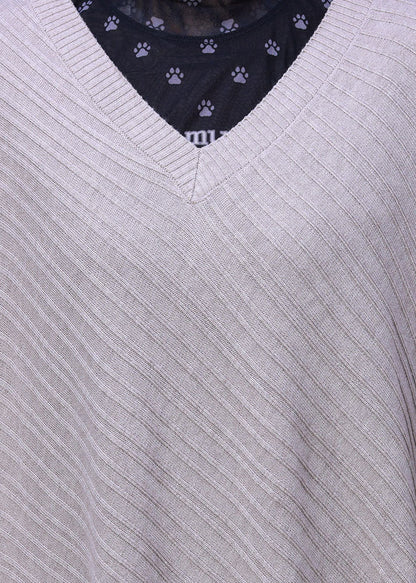Beige V Neck Asymmetrical Woolen Knit Long Sweater Fall