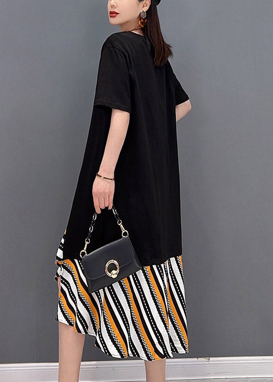 Stylish Black O-neck Asymmetrical Chiffon Patchwork Long Dress Short Sleeve
