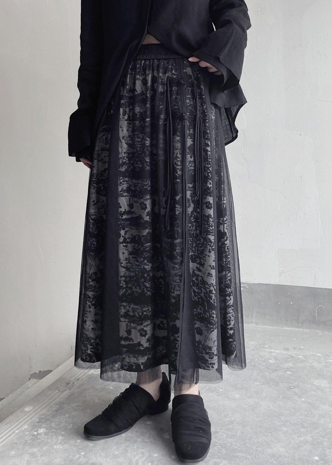 Black Print Elastic Waist Patchwork Tulle Skirt Summer