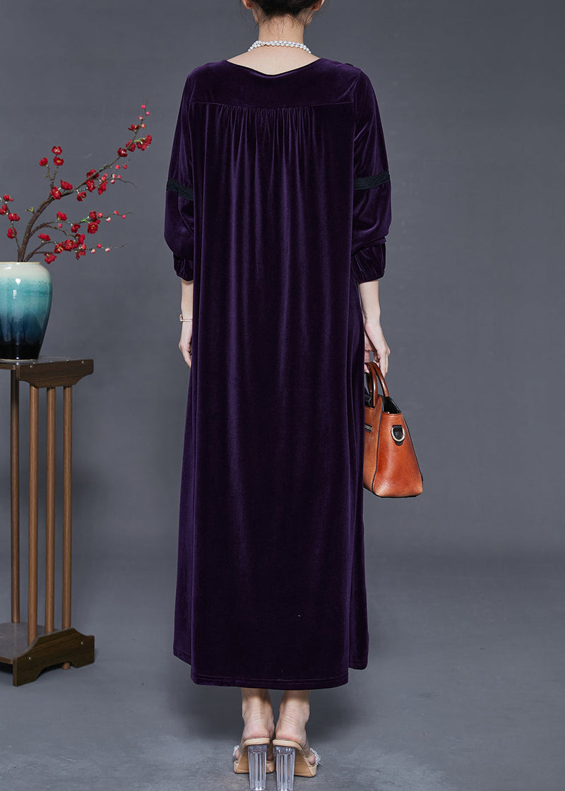 Dull Purple Patchwork Silk Velour Long Dress Oversized Fall