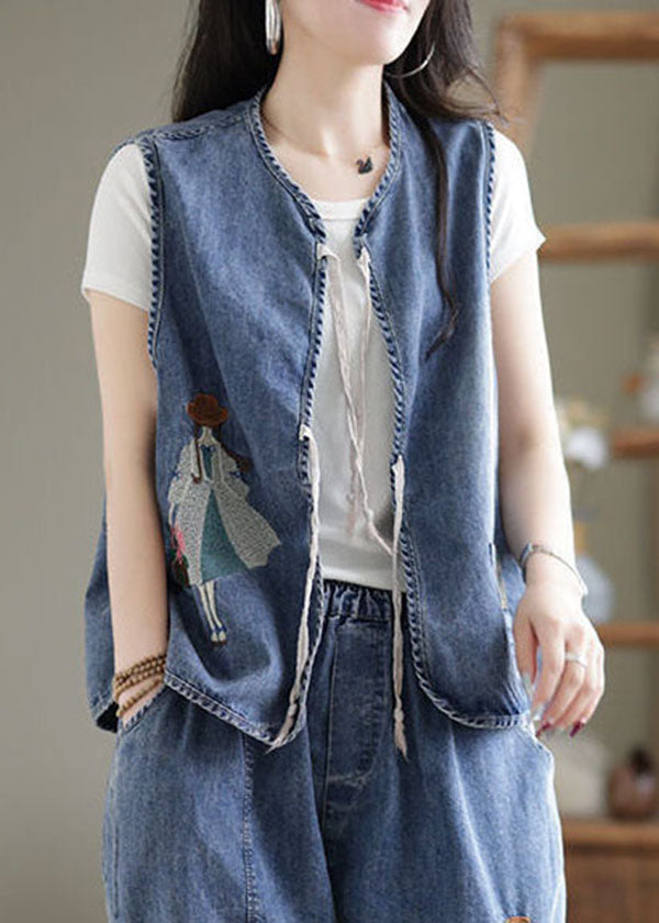 Organic Blue Embroideried O-neck Pocket Lace Up Cotton Vest Tops Sleeveless