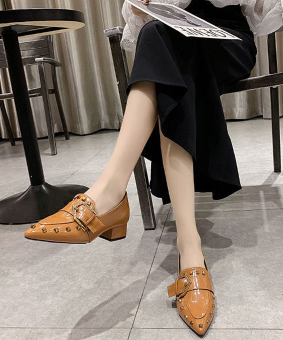 Black Chunky Heel Faux Leather Pointed Toe Rivet