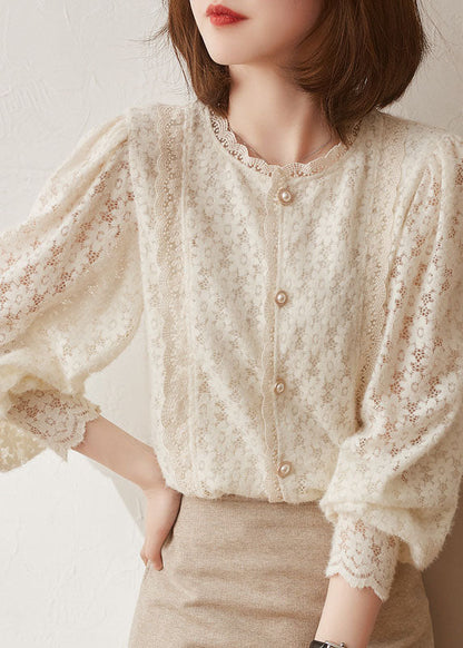 Beige Hollow Out Button Lace Patchwork Tops Lantern Sleeve