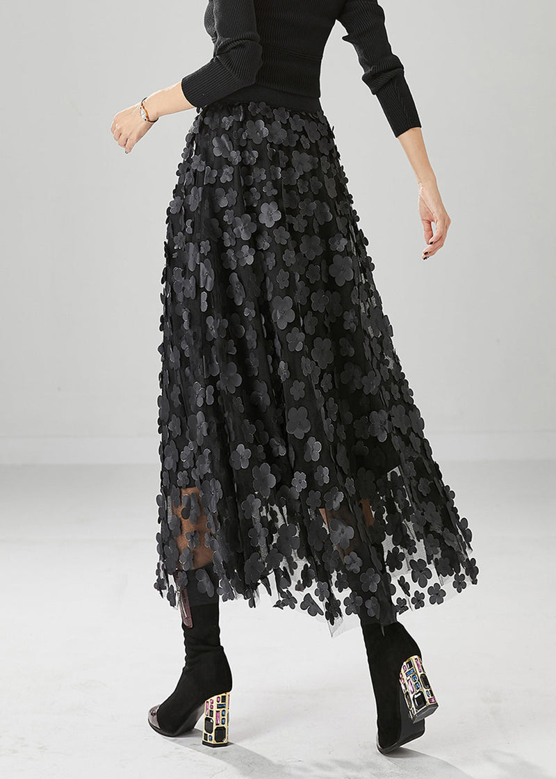 Handmade Black Appliqued Tulle a Line Skirts Fall