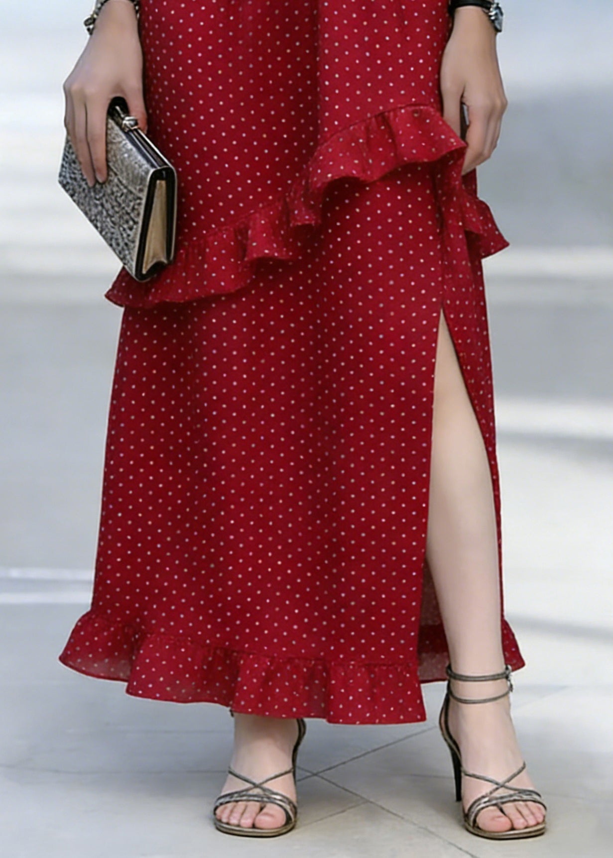 Red Dot Print Ruffled Side Open Chiffon Skirt
