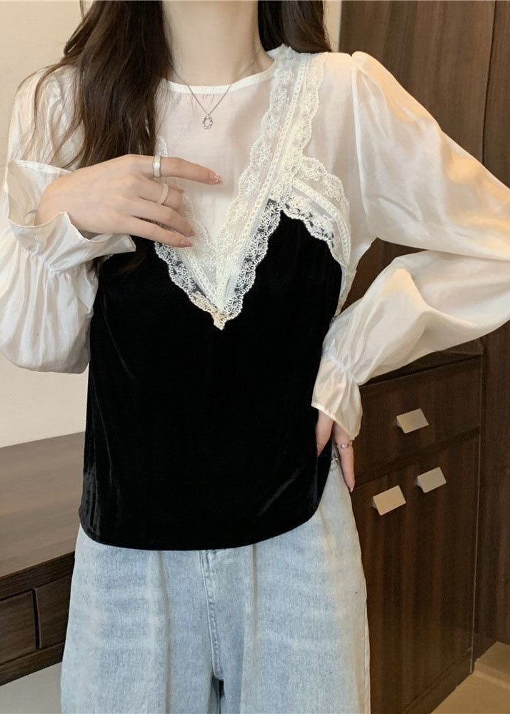 French White O-neck Lace Patchwork Silk Velour Blouse Tops Spring