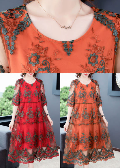 Red O-neck Embroideried Tulle Vacation Dress Half Sleeve