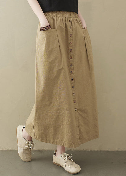 Style Khaki Elastic Waist Buttons Cotton a Line Skirt Summer