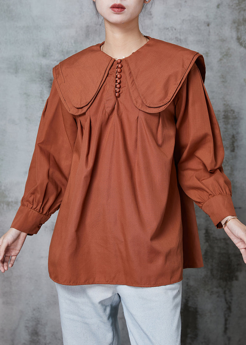 Brown Double-layer Collar Cotton Shirt Top Spring