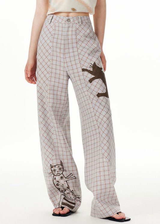 Plaid Print High Waist Pockets Wide Leg Pants Fall