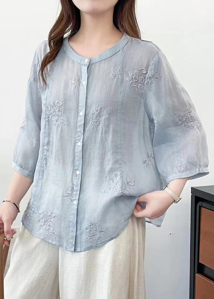 Blue O-neck Embroidered Linen Shirts Summer