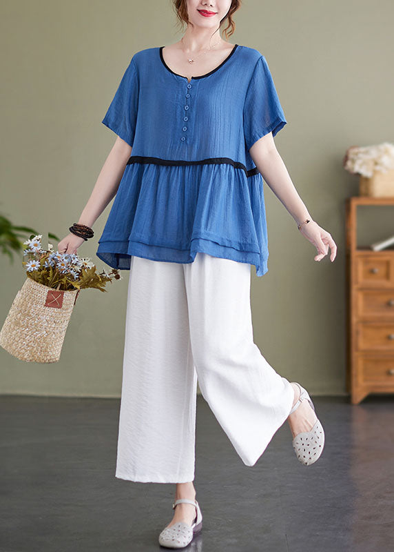 Diy Blue Wrinkled Patchwork Button Tops and Crop Pants Linen Two Pieces Set Summer