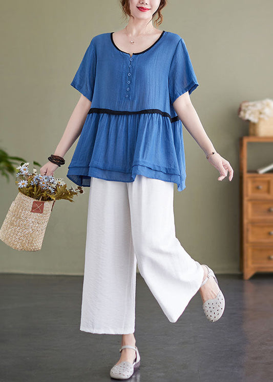 Diy Blue Wrinkled Patchwork Button Tops and Crop Pants Linen Two Pieces Set Summer