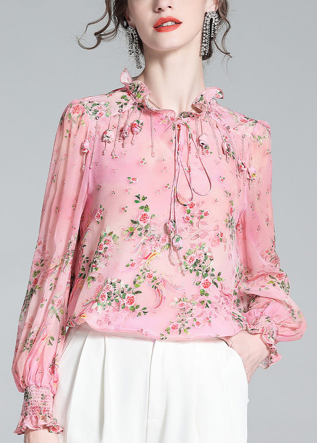 Pink Ruffled Print Tassel Neck Tiie Silk Shirt Long Sleeve Spring