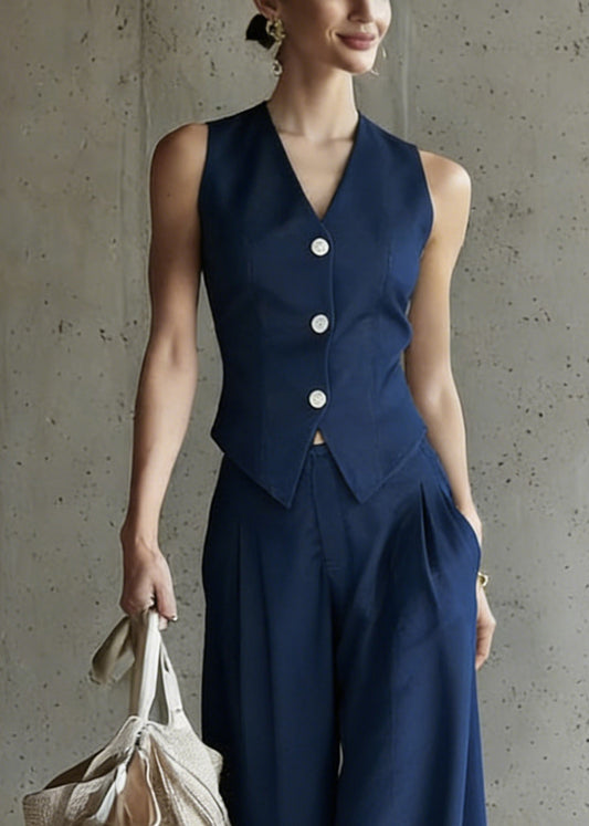 Modern Blue V Neck Button Waistcoat and Wide Leg Pants Two Pieces Set Sleeveless